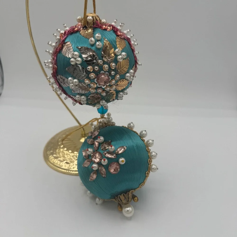 Vintage Teal Satin Beaded Christmas Ornaments Faux Pearl Gold Leaf Set of 2